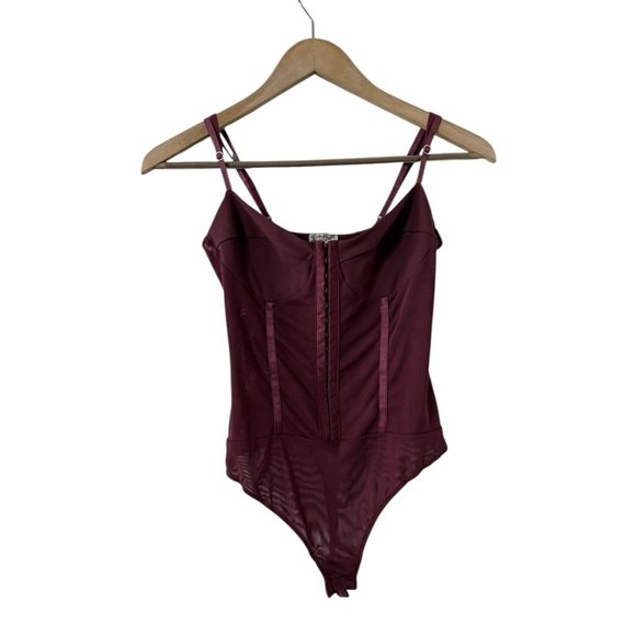 FREE PEOPLE Intimately Night Rhythm Corset Bustier Mesh Maroon Bodysuit Top - Picture 2 of 5